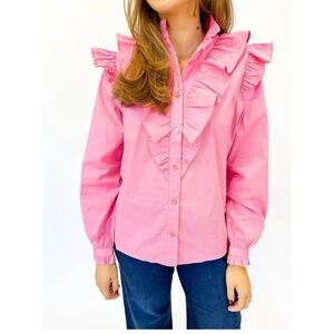 KARLIE women’s Pink POPLIN  Ruffled BUTTONS LONG SLEEVES SIZE M